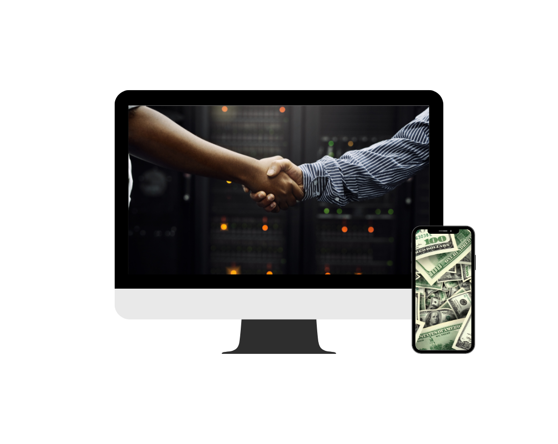 Two people are shaking hands in front of a computer screen.