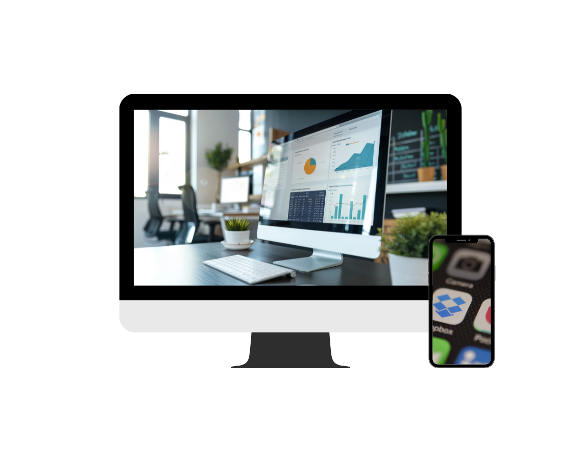 A computer monitor is sitting on top of a desk next to a cell phone.