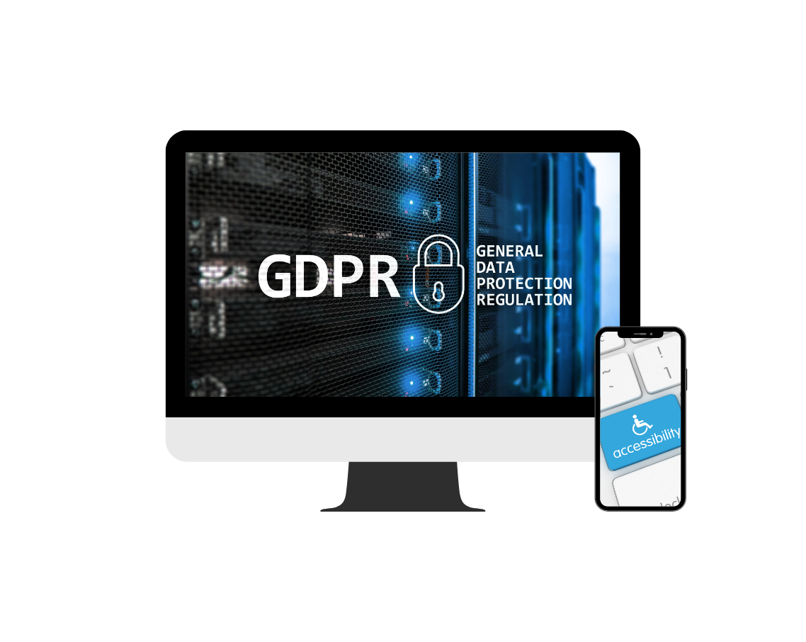 A computer monitor and a cell phone with a gdpr logo on the screen.