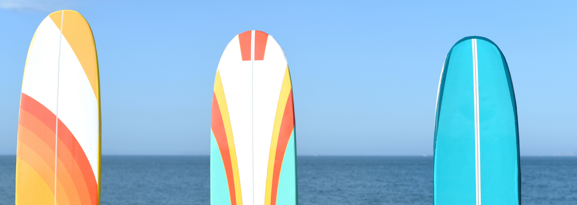 Picture of several surfboards in a line.