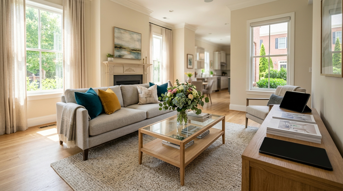 A bright living room with a grey sofa, yellow and blue pillows, a wood coffee table, and large windows with natural light.