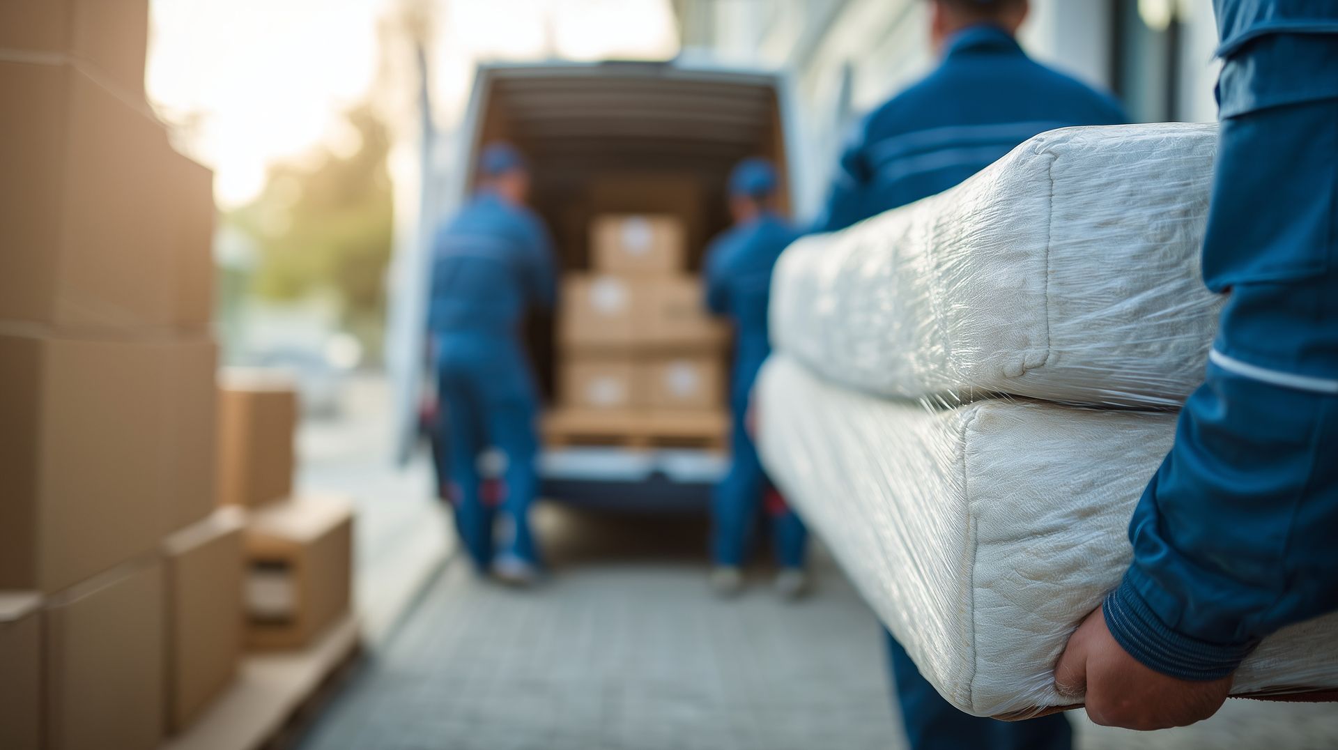 Workers carrying packaged mattresses into a moving truck at a warehouse loading dock
