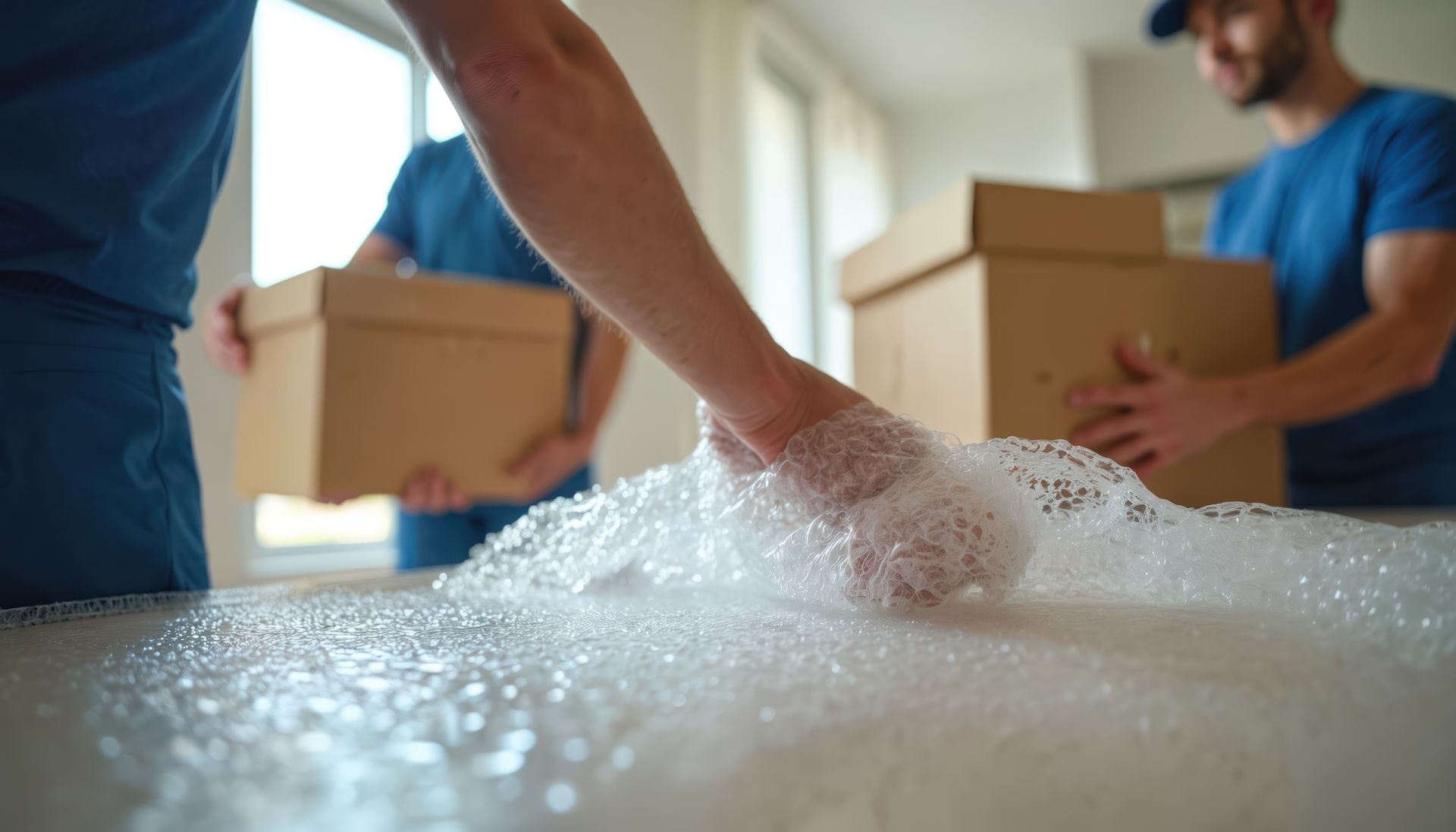 Movers wrapping furniture in protective packing material while carrying moving boxes inside a home.