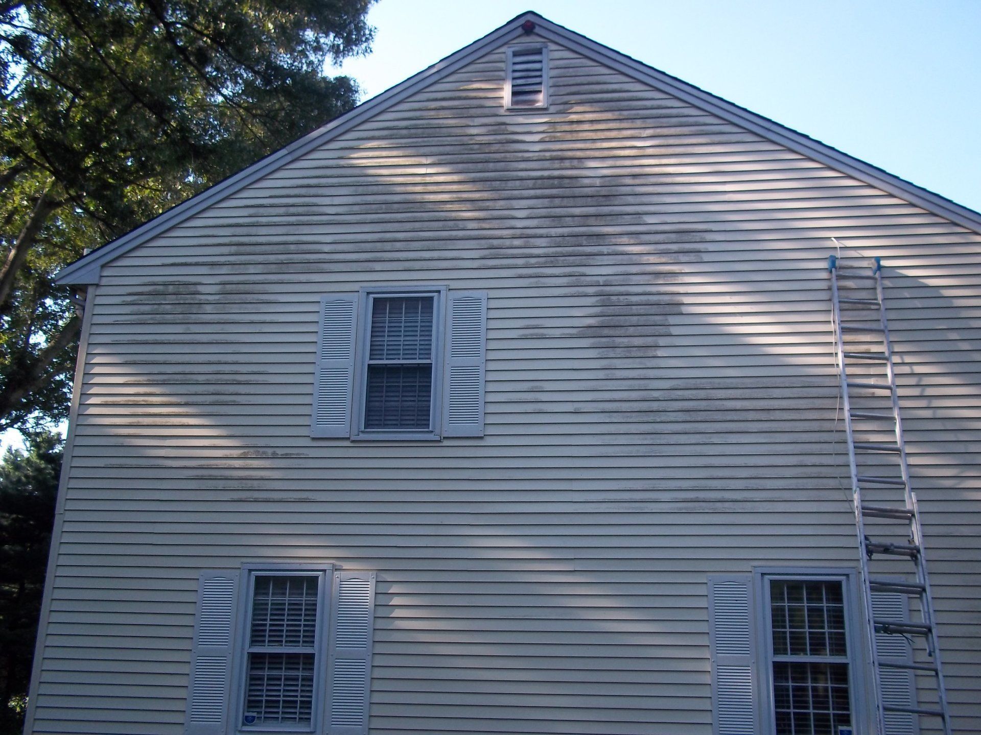 A white-sided house exterior with significant dark staining and streaking on the wall, partially shaded by nearby trees.