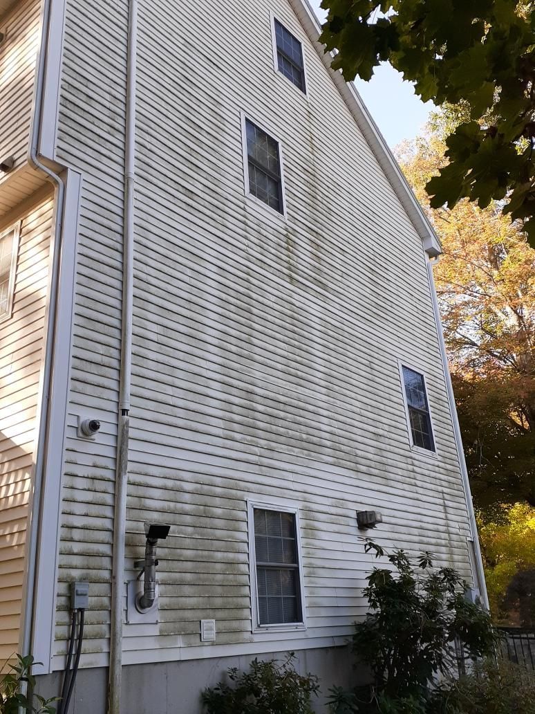 A white-sided house exterior with significant dark staining and streaking on the wall, partially shaded by nearby trees.