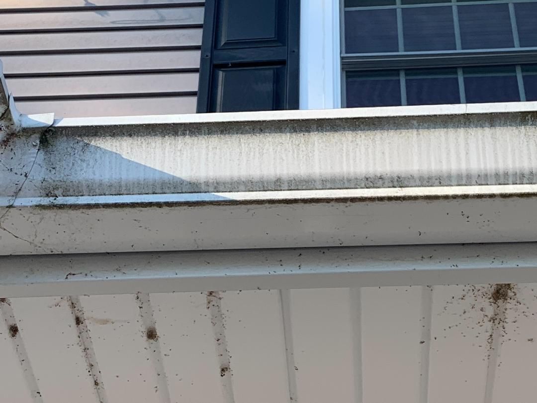 A weathered white gutter attached to a home exterior, showing visible streaks of dirt and grime.