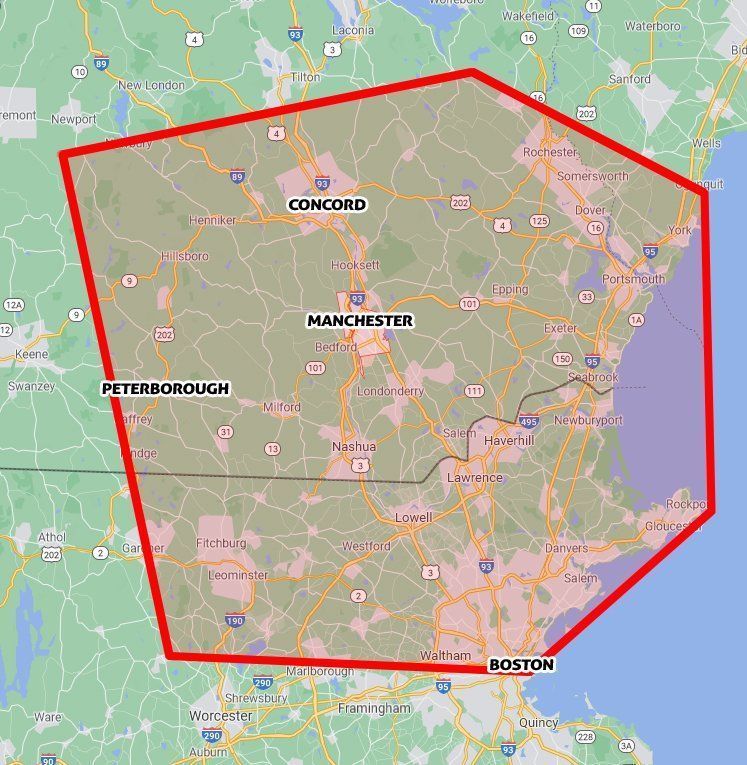 A map centered on New Hampshire, with a red polygon outline highlighting the region between Concord and Boston.