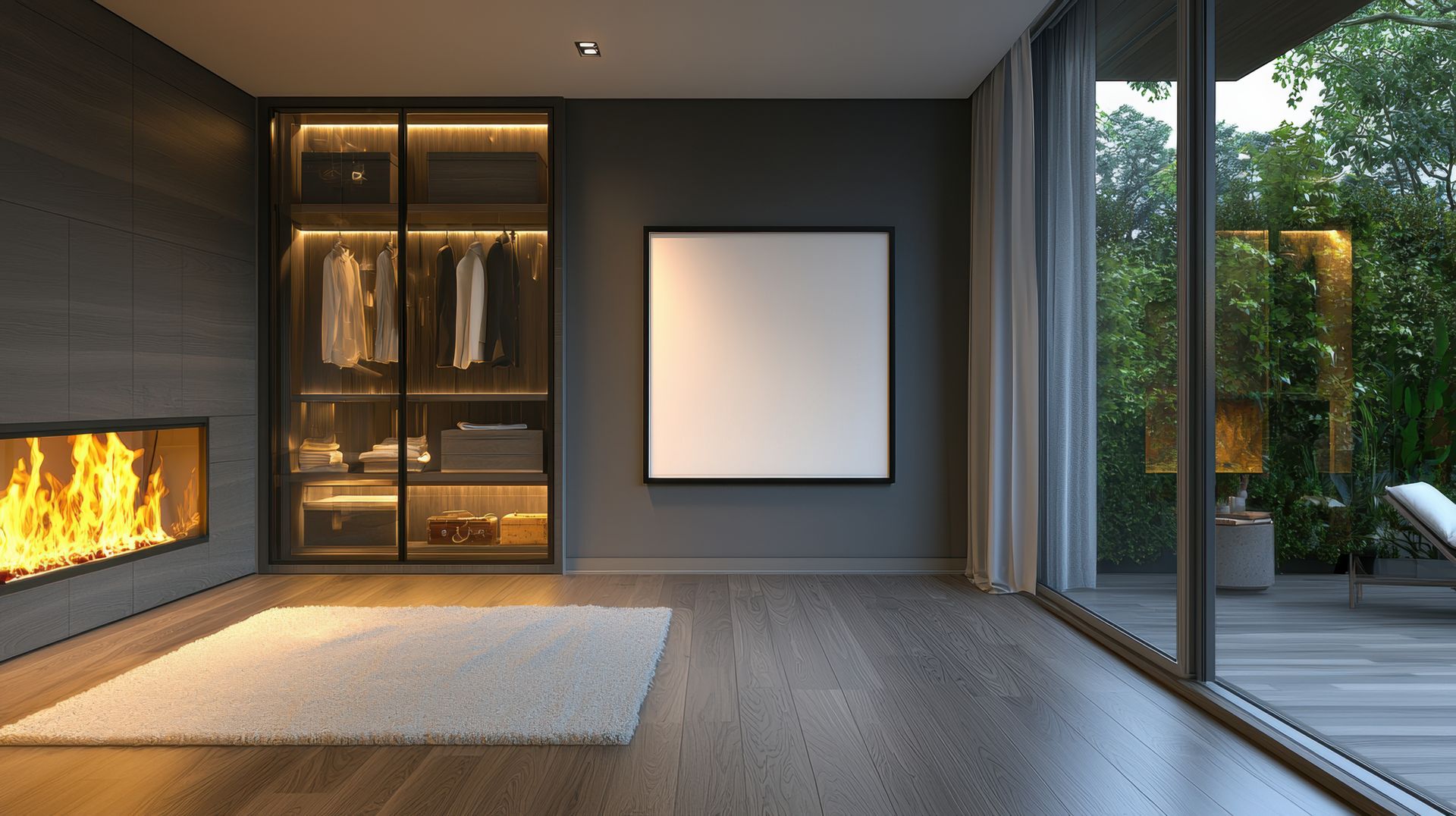 empty room with a fireplace and a white wall.