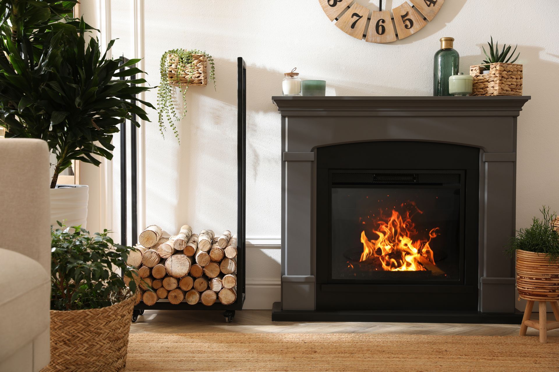 A stylish room interior with an electric fireplace and beautiful decor elements. A stylish room interior with an electric fireplace and beautiful decor elements.