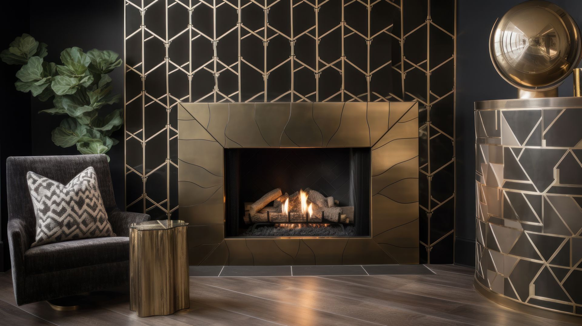 Lit custom fireplace store with brass geometric surround, velvet armchair, plant, and modern décor.