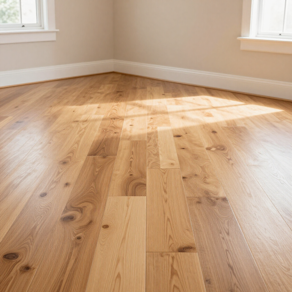 Newly installed hardwood flooring with precise plank alignment and clean trim details.