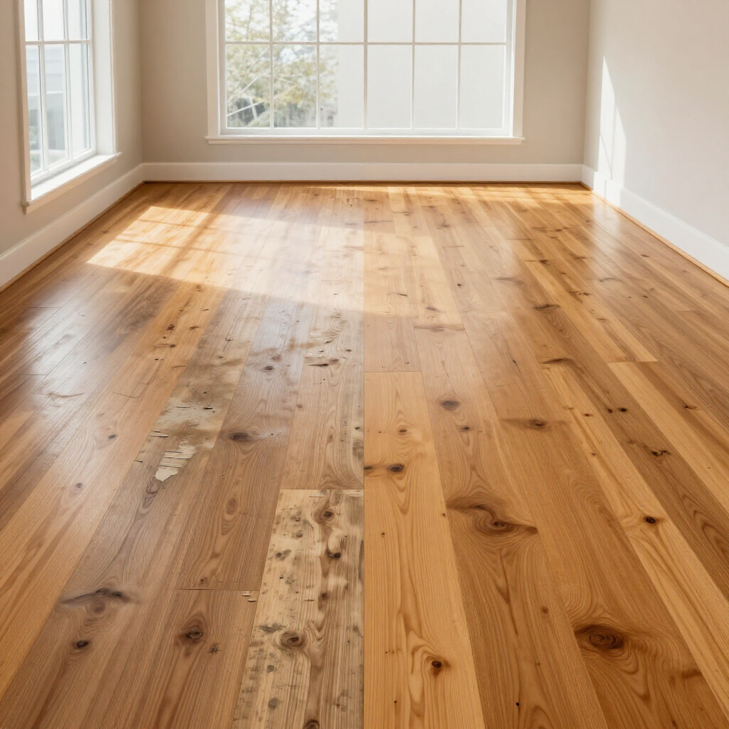 Before and after hardwood floor refinishing in a bright living room, showing worn wood transformed into a rich satin finish.