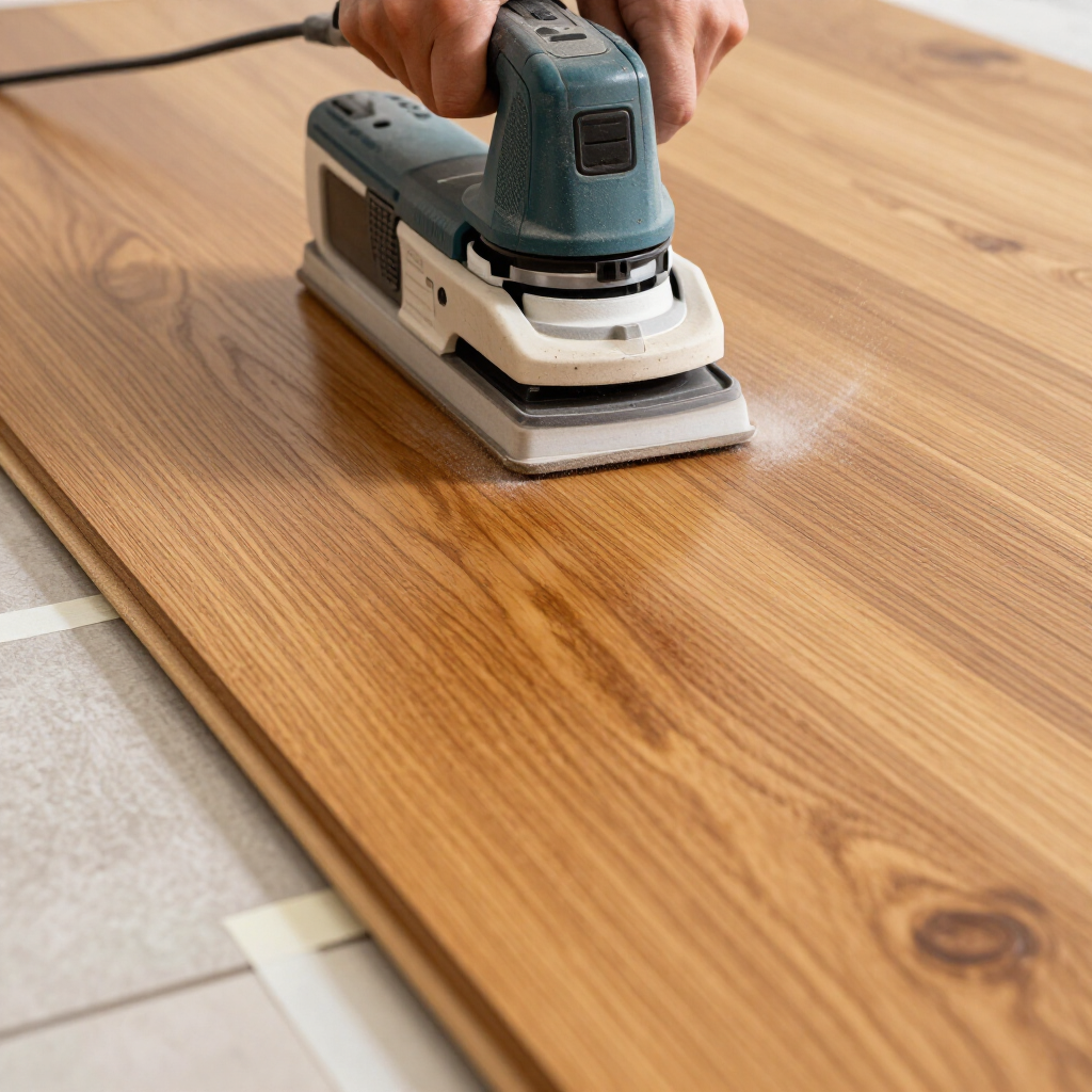 Close-up of hardwood floor sanding with professional equipment preparing the surface for refinishing.