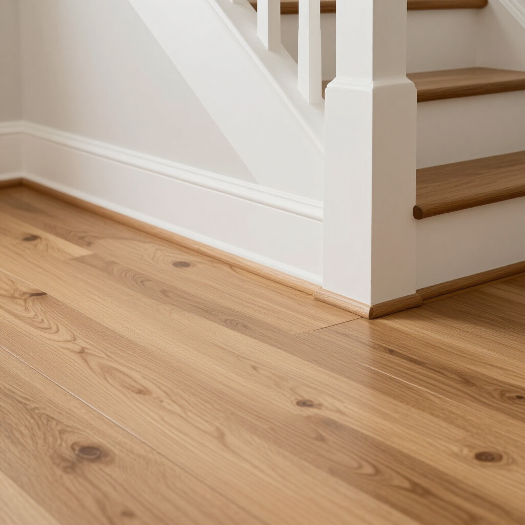 Hardwood floor installation detail near a staircase with tight joints and clean edges.