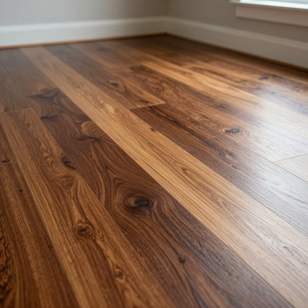 Stained hardwood floor highlighting rich contrast and sharp grain detail during refinishing.