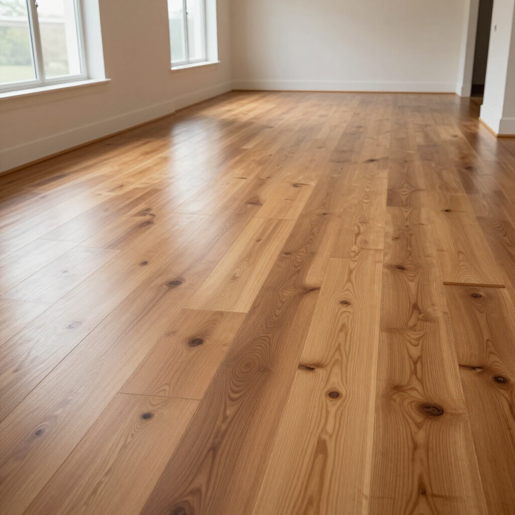 Completed hardwood floor installation in an open living space with a polished surface.