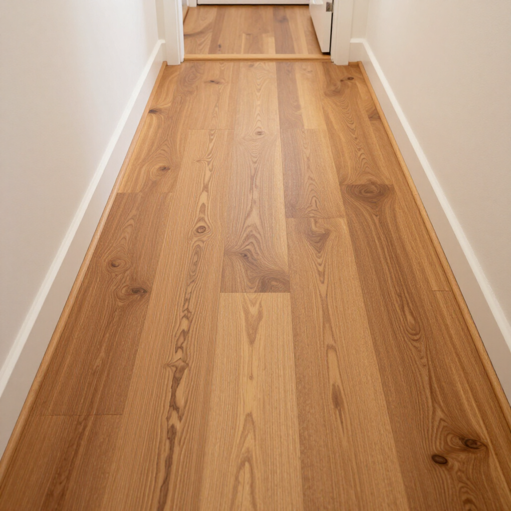 Finished hardwood floor in a hallway with smooth stain, visible grain, and clean transitions.
