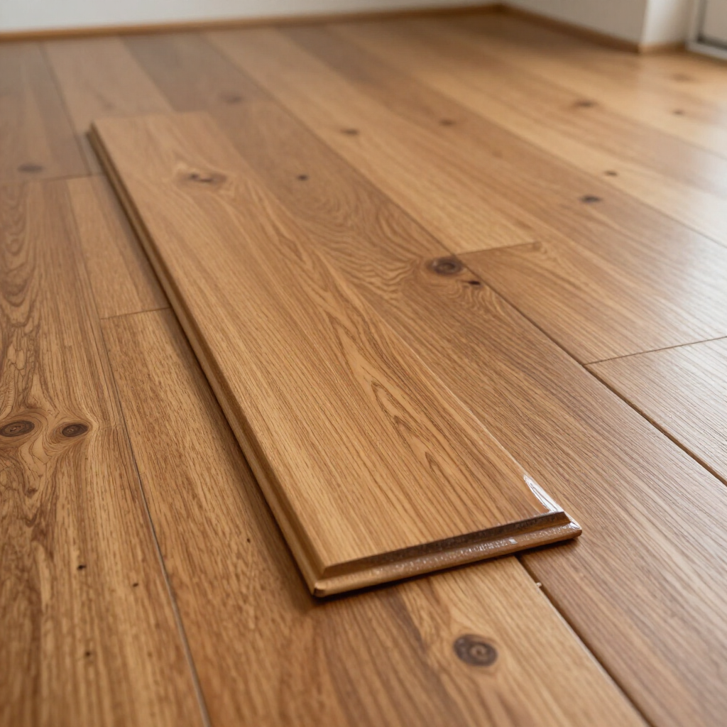 Hardwood floor repair detail showing a seamless plank replacement and color match.