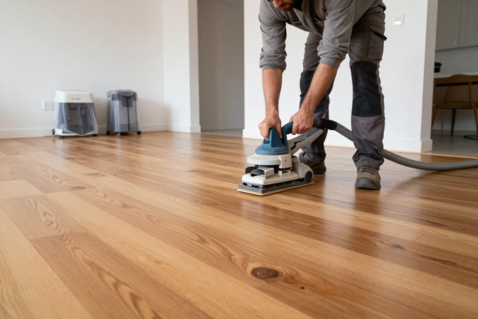 A craftsman refinishing a hardwood floor with professional sanding equipment in a clean home interior.