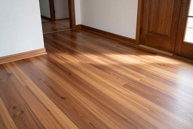 A newly installed hardwood floor with a polished finish in a bright family home.