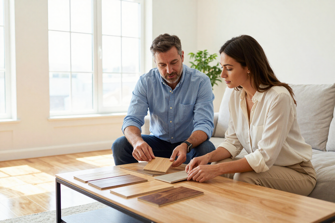 A flooring professional discussing wood finish options and samples with a homeowner.