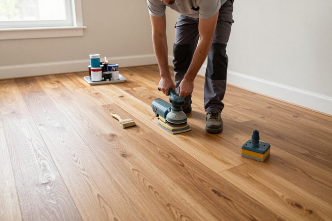 A flooring specialist preparing a hardwood floor for staining and finishing.