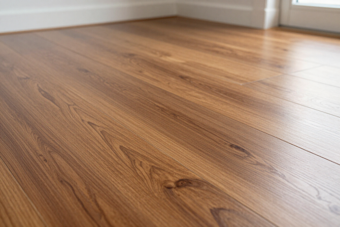 A close-up of a smooth, freshly finished hardwood floor with a clean sheen.