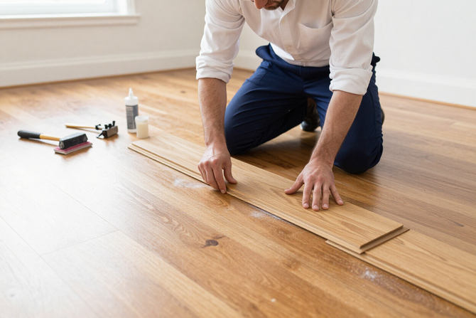 A technician repairing damaged hardwood boards and matching the floor grain.