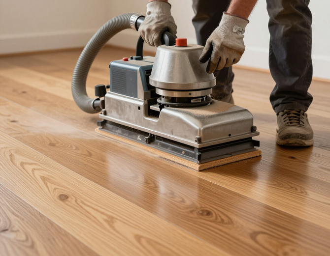 Hardwood floor refinishing with a professional sander on natural oak planks.