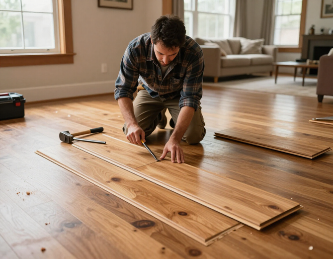 Hardwood floor repair with a craftsman replacing damaged boards.