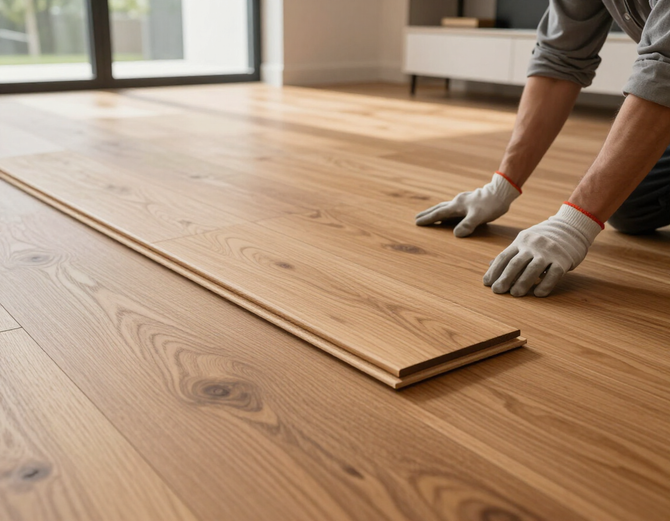 New hardwood floor installation with fresh planks being fitted in a modern home.