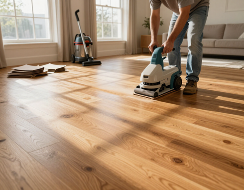 A hardwood floor refinishing project in a bright home interior.