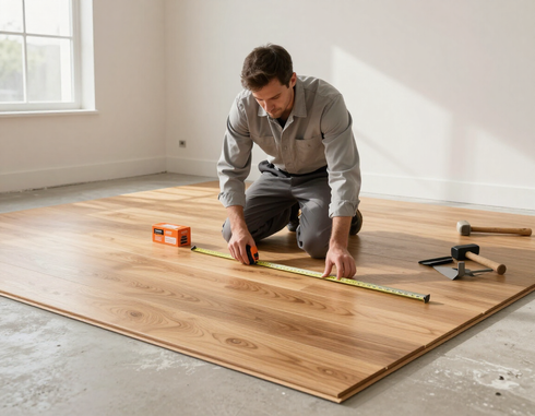 A flooring contractor installing hardwood boards.