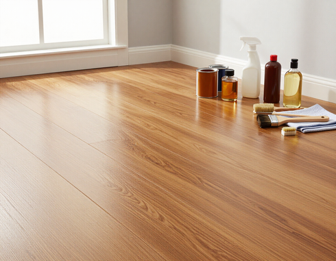 Floor finishing materials and tools beside a refinished hardwood floor.