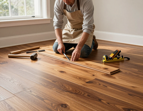 A craftsman repairing damaged hardwood flooring.