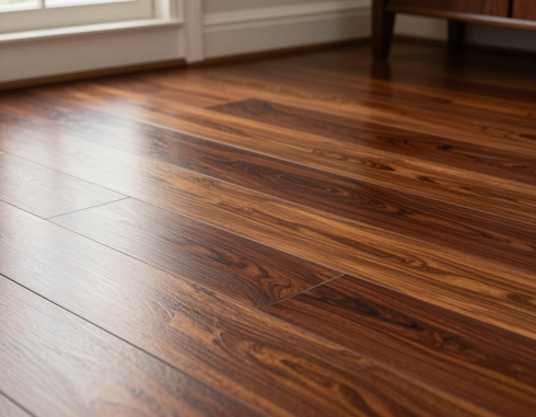 A finished hardwood floor with a rich, smooth stain.