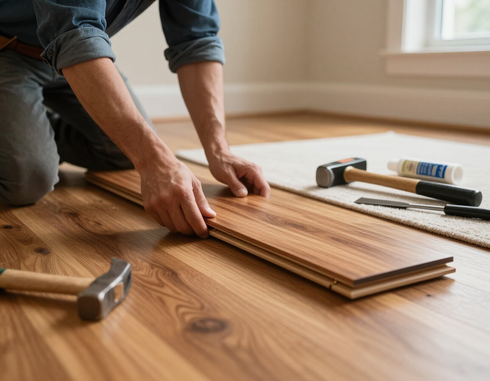 A flooring repair detail with a new plank being fitted.