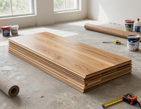 Stacked hardwood planks and flooring supplies ready for installation.