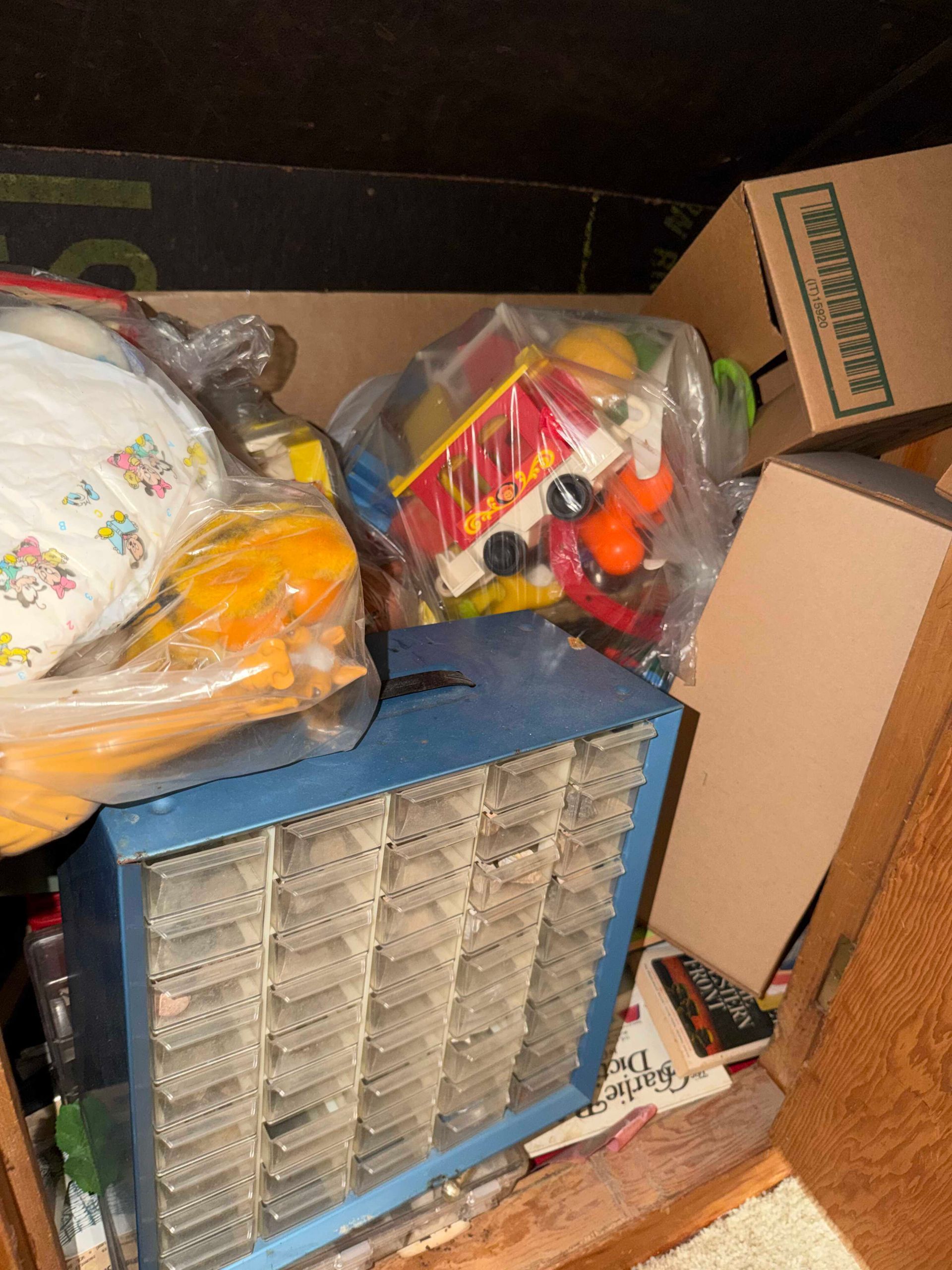 Cluttered storage area with cardboard boxes, plastic bags, and a blue drawer cabinet stuffed with miscellaneous items