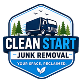 Clean Start Junk Removal logo with blue truck, trees, and white-and-blue shield emblem