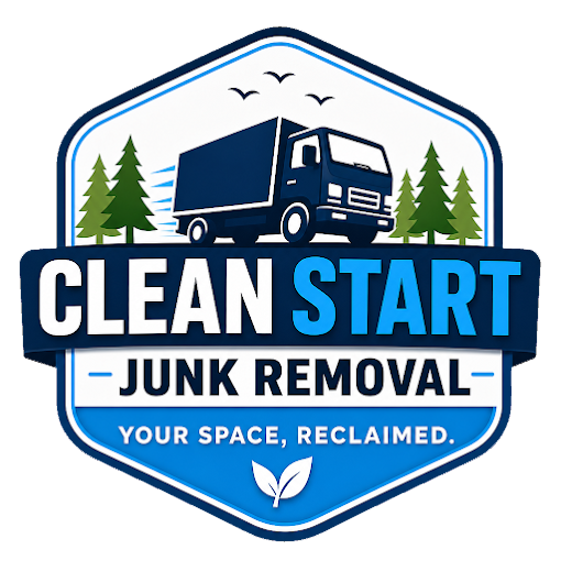 Clean Start Junk Removal logo with blue truck, trees, and white-and-blue shield emblem