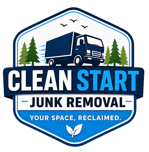 Clean Start Junk Removal logo with blue truck, trees, and bold blue-white text on a hexagonal badge