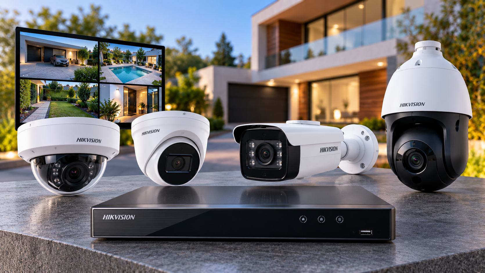 Sistema de videovigilância com câmaras Dome, Turret, Bullet, PTZ e gravador NVR