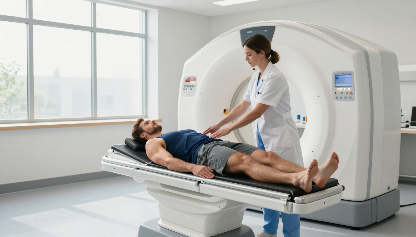 Radiographer preparing an athlete for a shoulder scan