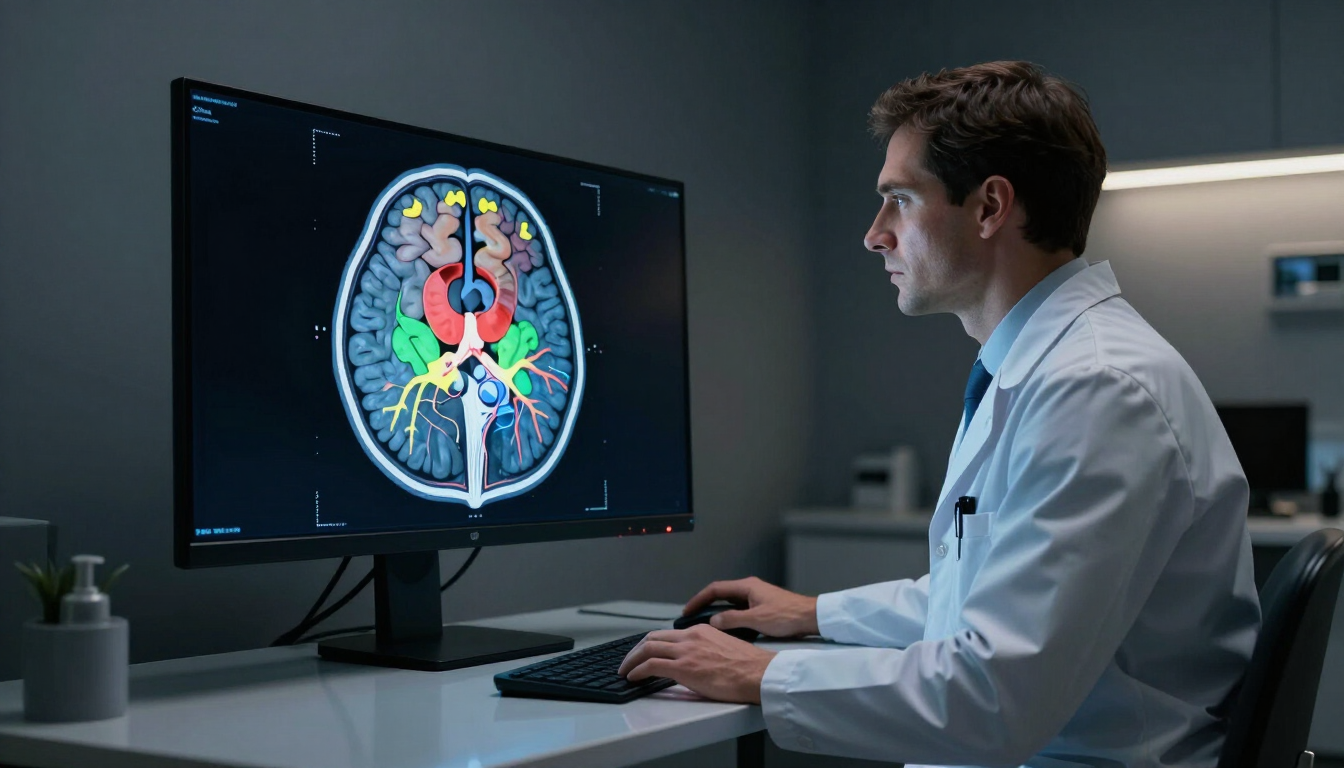 Radiologist analyzing a detailed brain scan
