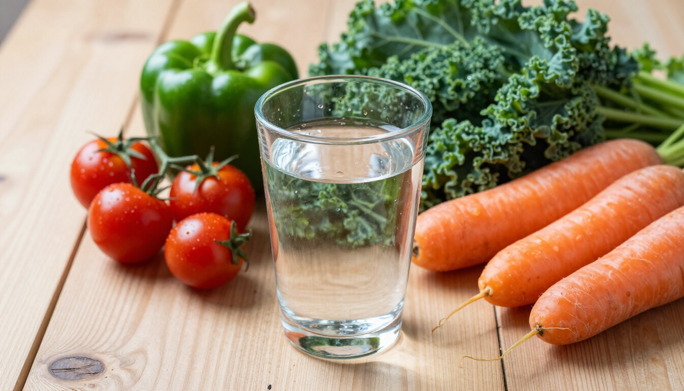 photorealistic+close+up+of+a+healthy+lifestyle+selection+fresh+water+glass+and+vibrant+vegetables+on+a+wooden+table