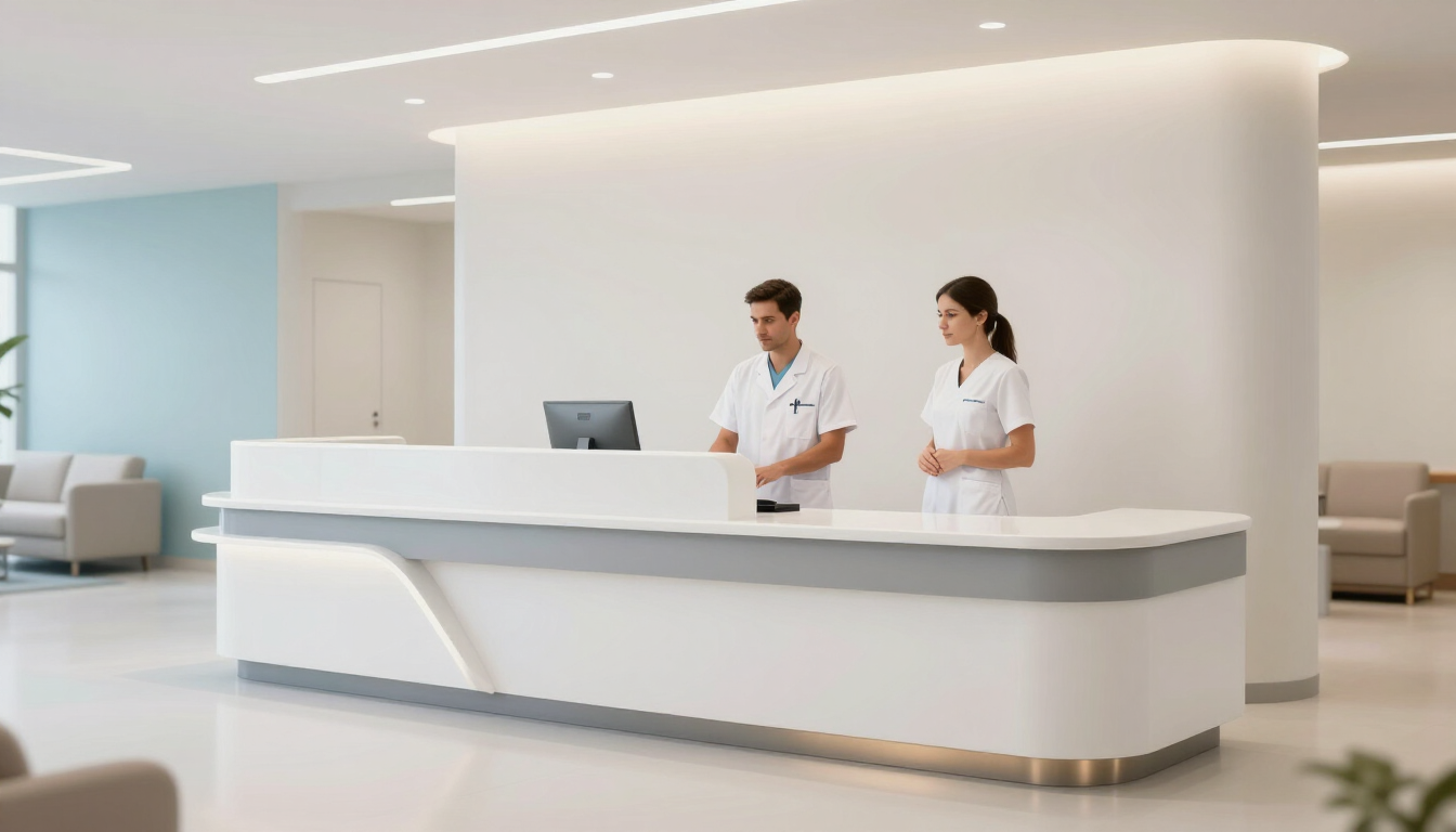 photorealistic+modern+medical+reception+area+clean+design+welcoming+staff+bright+lighting