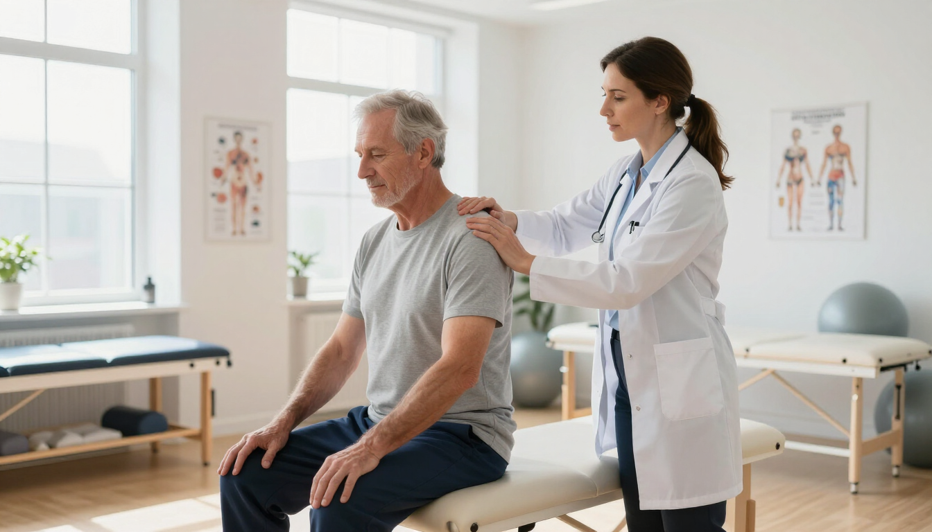 photorealistic high quality image of a physical therapist examining an older male patient shoulder in a modern bright clinic