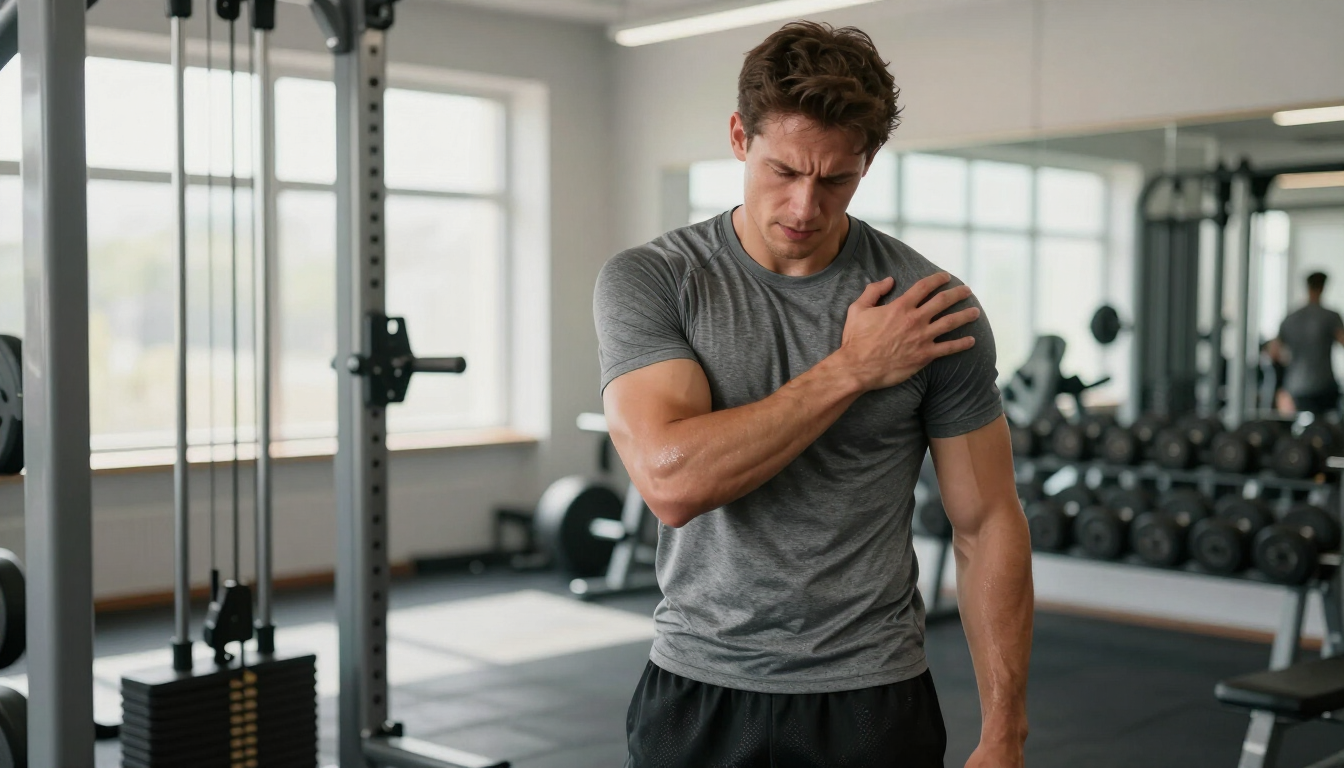photorealistic image of an athlete in a gym setting holding their shoulder after a workout showing signs of mild pain