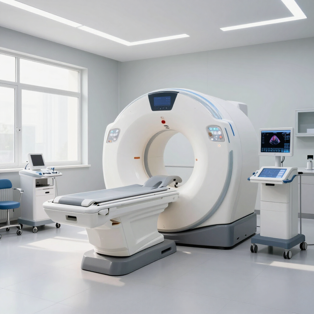 A modern MRI machine in a clean, professional clinical setting at MRI Plus.